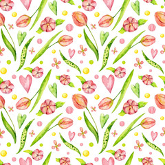 Cute pink seamless pattern with tulips, leaves and hearts. Romantic spring flowers background. Flowers isolated on the white backdrop. Delicate pattern for the print, textile, wedding, valentines day.