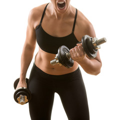 Young fit woman with perfect fat free body exercising biceps curls with dumbbells, screaming, isolated on white background. Weight loss, fitness, workout concept.