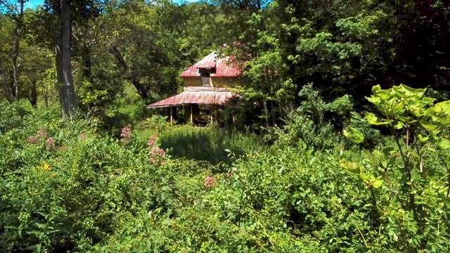 4K drone pushing in revealing an old abandoned nature covered house