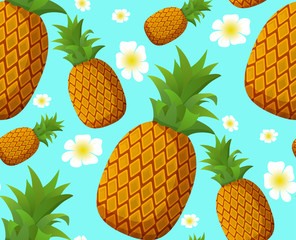 Summer realistic pineapple seamless pattern , palm leaves and flowers. An ornament concept for fabric, textiles, packing paper. Ripe pineapples on a blue background.Flat illustration vector.