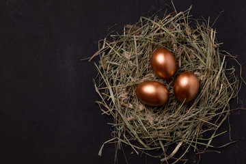 copper colored easter eggs on a black background in a nest of hay. Have copy spaces
