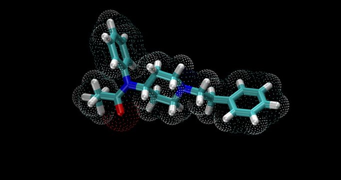  Fentanyl, opioid drug, 3d molecule X axis horizontal view