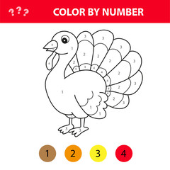 Cartoon turkey. Color by number educational game for kids. Vector illustration for schoolchild and preschool