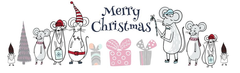 Merry Christmas gift card template with cute cartoon mouses. Holiday positive print postcard.