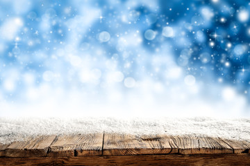Desk of free space and winter landscape 