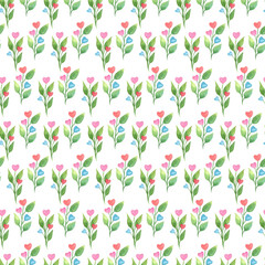 Seamless floral pattern. Valentine's day watercolor background. Hand drawn heart shaped flowers, cartoon character, isolated objects on white background.
