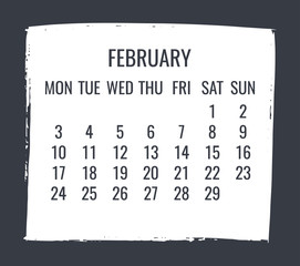 February year 2020 monthly brush stroke frame calendar