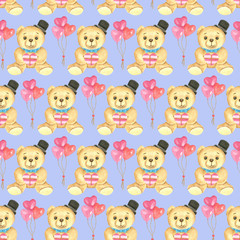 Seamless pattern. Valentine's day watercolor background. Hand drawn Teddy bears with heart shaped presents and balloons, cartoon character, isolated objects on blue background..