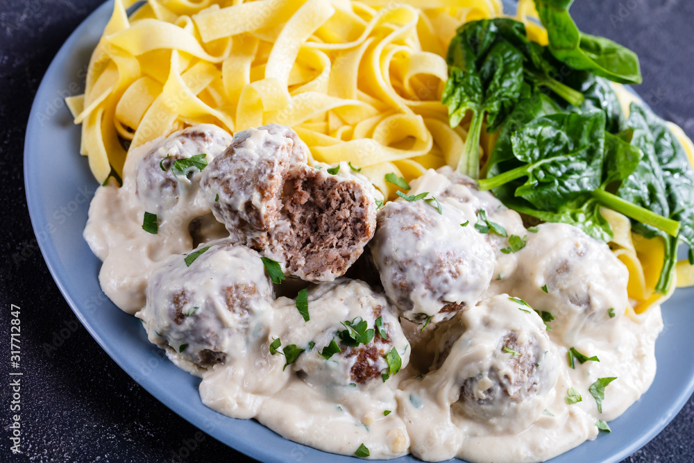 Wall mural classic swedish meatballs served with egg noodle