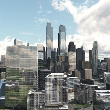 Modern city with skyscrapers against the sky with clouds, 3D rendering