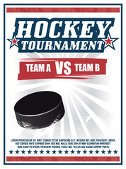Hockey Tournament red poster vector design with a puck spinning on ice