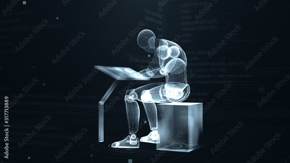 Poster human puppet writes at the table in virtual 3d digital space with futuristic white hud. x-ray scan. 