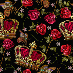 Embroidery golden crown and roses flowers seamless pattern. Royal template for clothes, textiles, t-shirt design