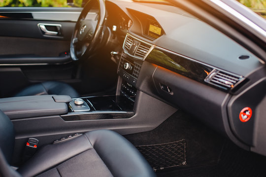 Stuttgart, Germany - January 23, 2020: Original Mercedes E-class W212 interior, avantgarde, Mercedes logo, dash board.