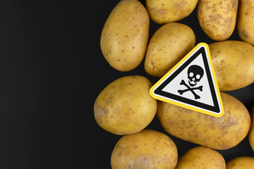 Concept for unhealthy or toxic substances in food like solanin or pesticide residues with skull...