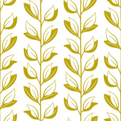 Vector seamless pattern with gold vertical abstract branches and leaves on white background; floral design for fabric, wallpaper, textile, web design.