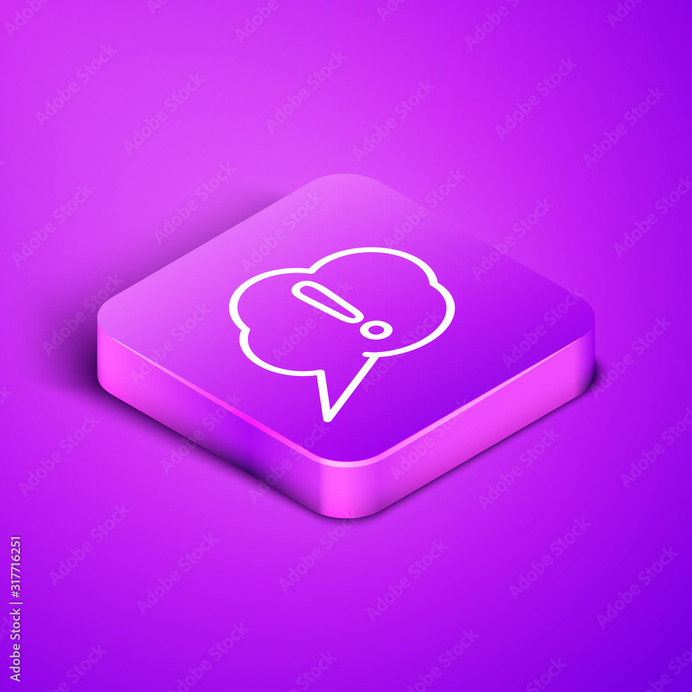 Poster isometric line speech bubble and exclamation icon isolated on purple background. faq sign. copy file