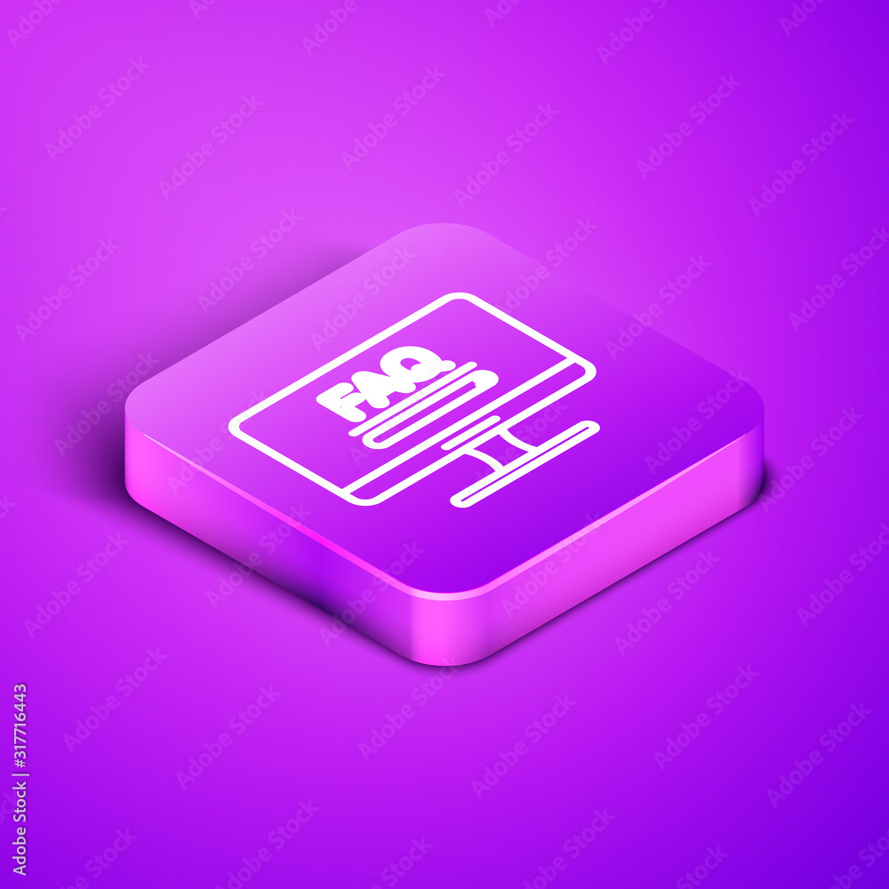 Poster isometric line computer monitor with text faq information icon isolated on purple background. freque