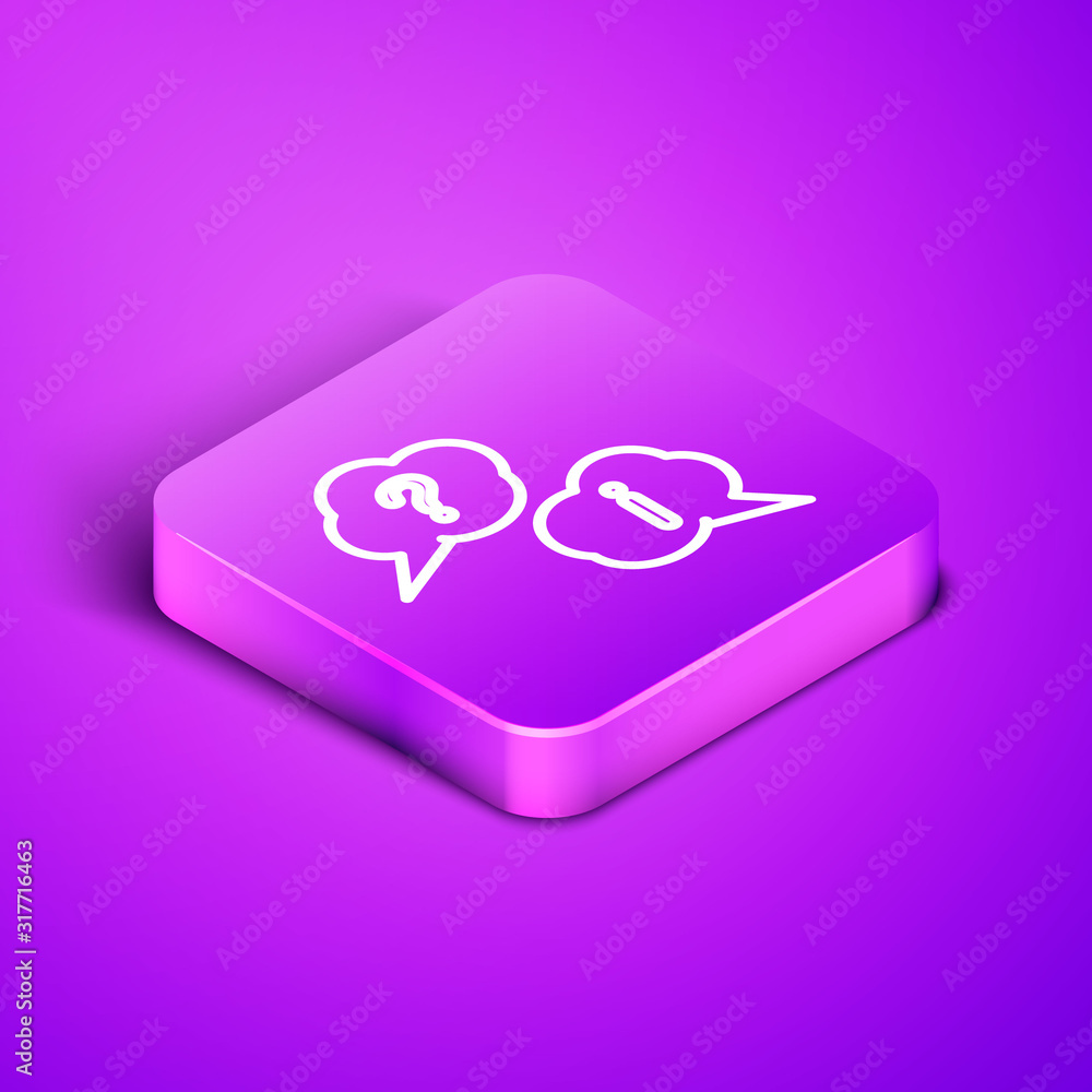 Poster isometric line speech bubbles with question and exclamation icon isolated on purple background. faq 