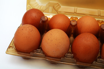 chicken eggs in a tray on a white background close-up