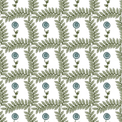 Vector Abstract Blue Flowers with Green Leaves on White Background Seamless Repeat Pattern. Background for textiles, cards, manufacturing, wallpapers, print, gift wrap and scrapbooking.