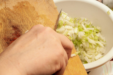 finely chopped Chinese cabbage raked from a wooden board