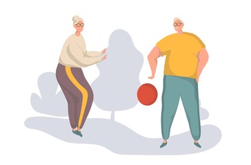 Active Elderly Man And Woman Playing Ball Vector. Isolated flat vector Illustration