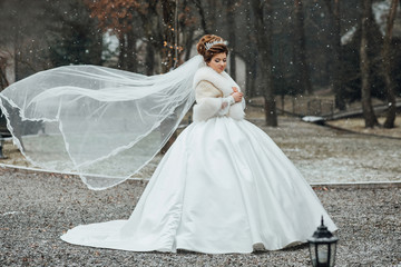 Fototapeta na wymiar The woman in a wedding dress. Happy bride on the day of his marriage poses for photographers, nature, winter, wedding day, love, walk in a beautiful winter park. Beautifully the wind waves the veil.