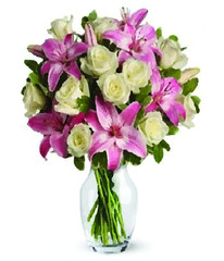 A bouquet of light roses in a vase on a white background