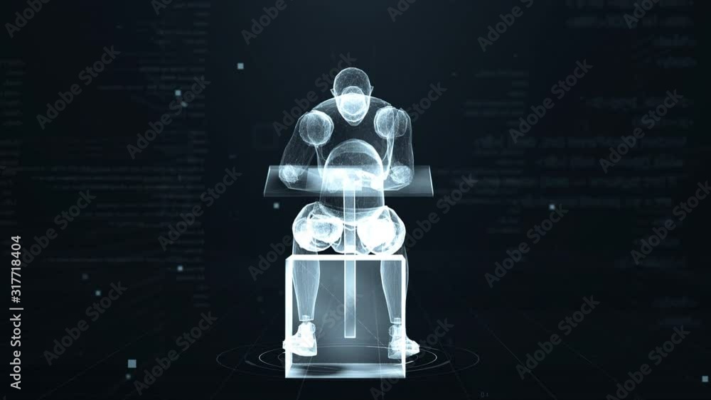 Poster human puppet writes at the table in virtual 3d digital space with futuristic white hud. x-ray scan. 