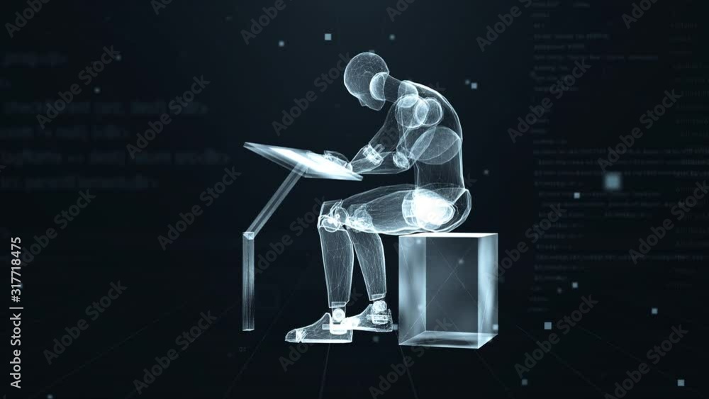 Poster human puppet writes at the table in virtual 3d digital space with futuristic white hud. x-ray scan. 
