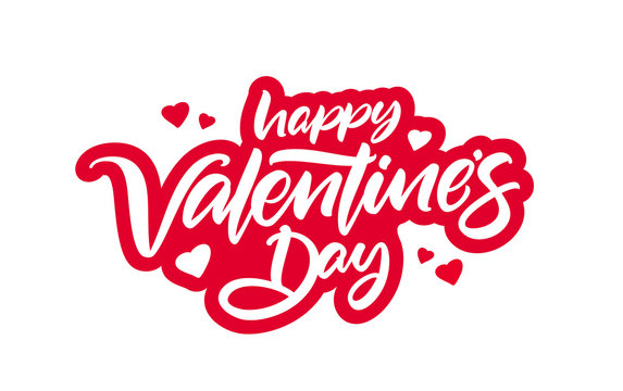 Red calligraphic brush lettering composition of Happy Valentine's Day. Romantic greeting card