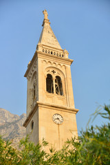 Fototapeta na wymiar Church in background with olive leaves