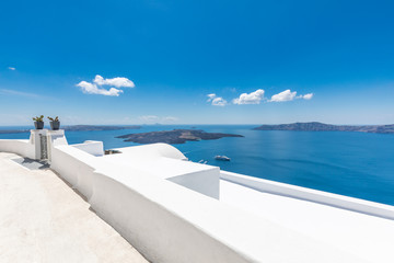 Fototapeta na wymiar White architecture on Santorini island, Greece. Beautiful summer landscape, sea view. 