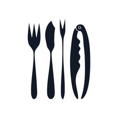Special Cutlery for Seafood. Silhouette of Cocktail fork, Coquille, fish knife, tongs. Boiled prawns - on forks. Hand drawn illustration isolated on white background. Vector set