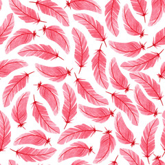 Fototapeta premium Seamless feather pattern for valentines day. Watercolor background for design, decor, print, textile, etc.