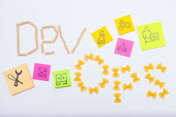 Devops concept. Developers and operations words made from pasta on the white background. Space for your text.