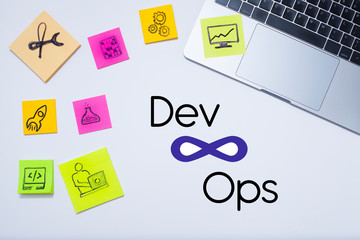 Devops concept. Developers and operations words and symbols, laptop on the white background. Space...