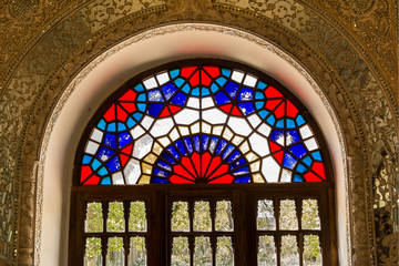 Glass stained window of Shams-ol Emareh building in Golestan palace, Tehran, Iran