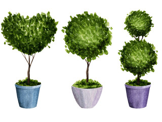 Aquarellset Topfblumen. Frühlingsillustration von Topfblumen in Form eines Herzens und einer Kugel. © Siawi_art