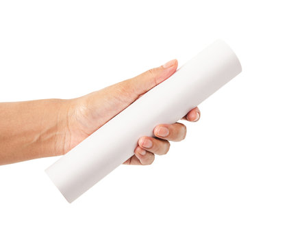 hand holding paper roll isolated on white.
