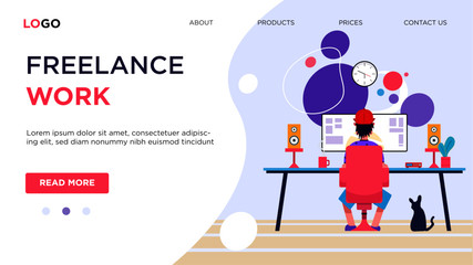 Young man is working with his cat at home. Modern spheres on the background. Vector illustration.