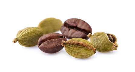 Coffee beans with cardamom  isolated on white background. Coffee beans with spice.