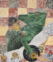 Saint George and dragon, basilisk, lizard with time and space, geometry background, oil on canvas, handmade
