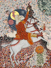 The Elder of the day, horseman rides the horse and points to the black cube, oil on canvas, geometry, ornament, handmade