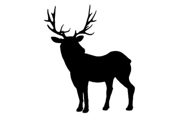 .A black silhouette of a deer with horns on a white background looking forward from the side.
