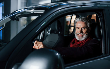 Happy stylish senior man with grey hair and mustache is in the modern car