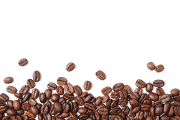 Frame of coffee beans isolated on a white background.