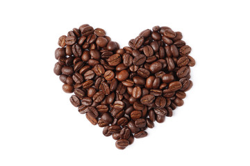Heart made from coffee beans isolated on a white background.