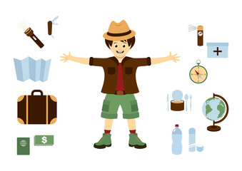 Traveler man with travel tools vector. Traveler man cartoon character. Travel icons set. Journey accessories vector